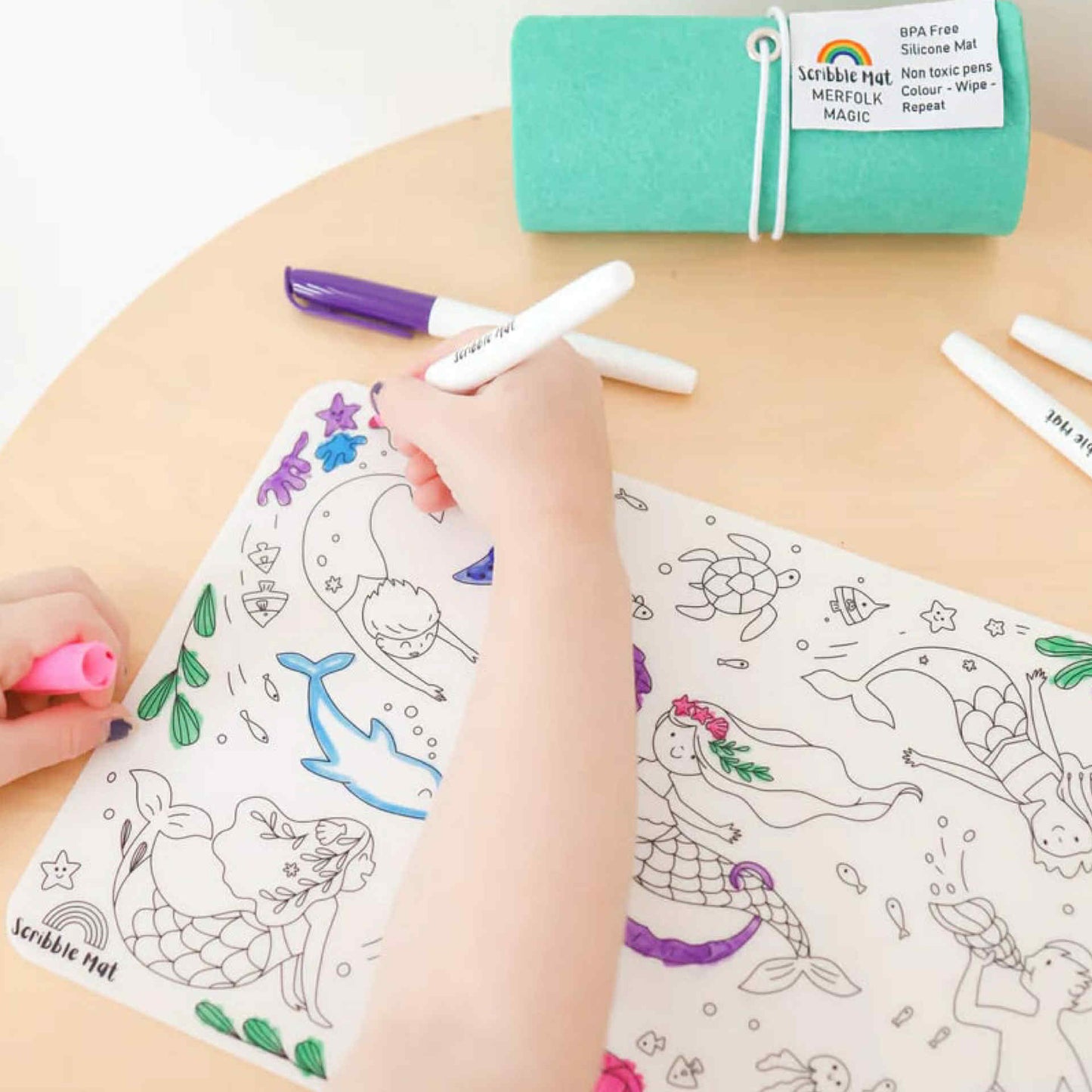SCRIBBLE MAT- ORIGINAL- Midi Merfolk Magic Reusable Scribble Mat- 5 Pens