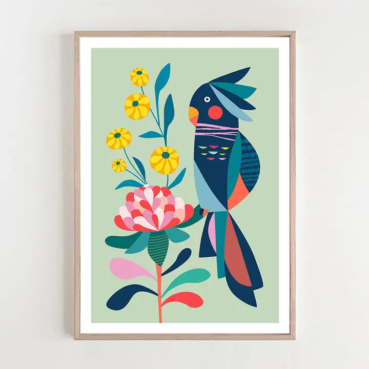 3 BIRDIES STUDIO- "Cockatoo Floral " A4 Art Print