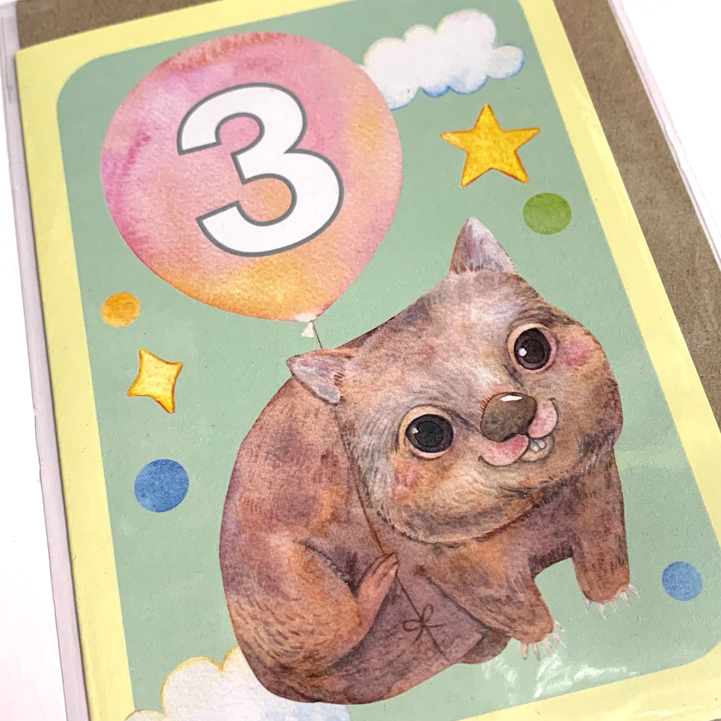WATERCOLOURS BY CAT- "Three - Wombat"- Australian Animal Kids Age Card