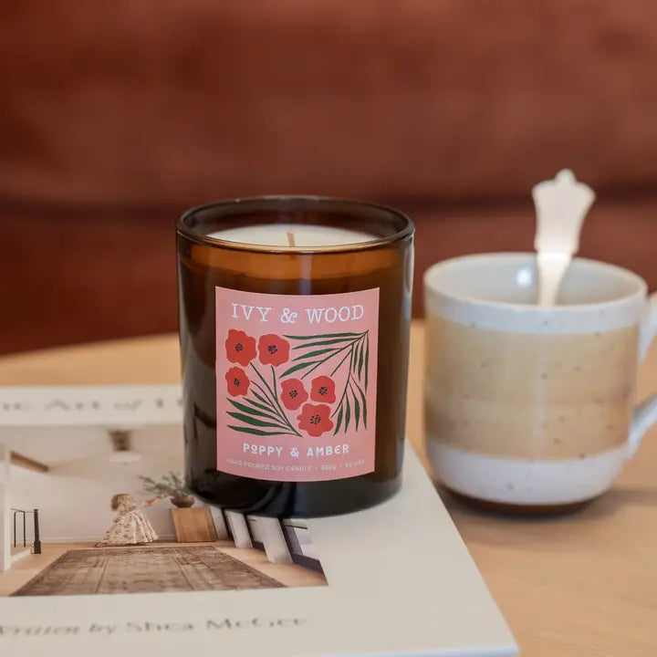 IVY & WOOD - Poppy & Amber Scented Candle- Flora Collection