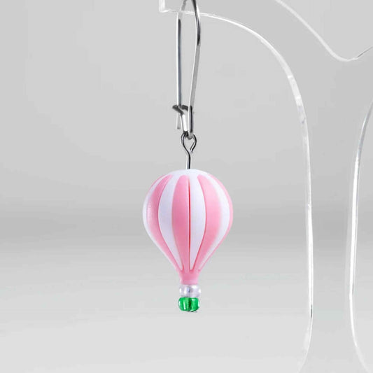 CLAIRE ISHINO- 3D Printed Resin Hot Air Balloon Earrings - Pink & White Stripes with Glass Bead Basket