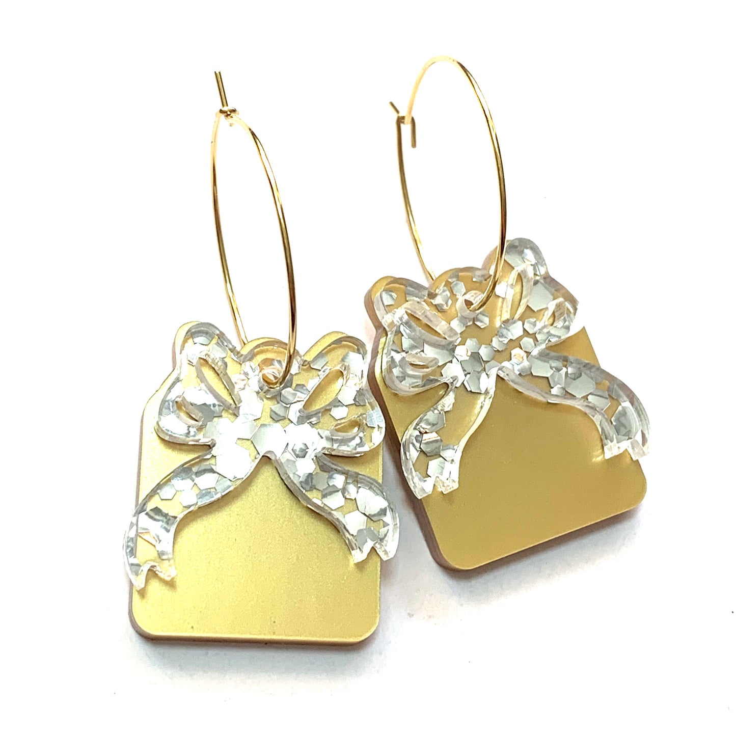 MAKIN' WHOOPEE - Small “Ribbons & Bows” CHRISTMAS HOOP DANGLES- Gold & Silver