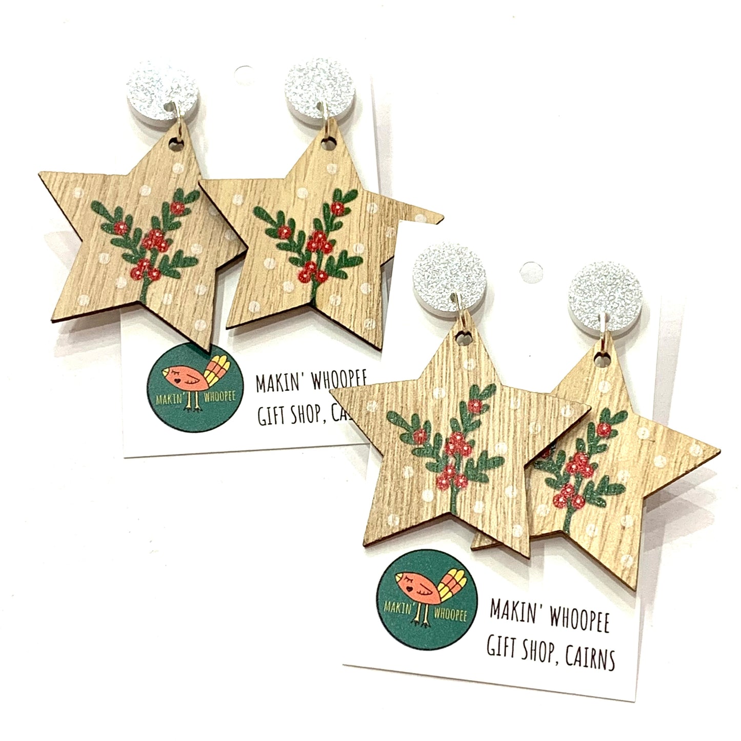 MAKIN' WHOOPEE - “Timber Stars- Silver Top” CHRISTMAS STUD DANGLES