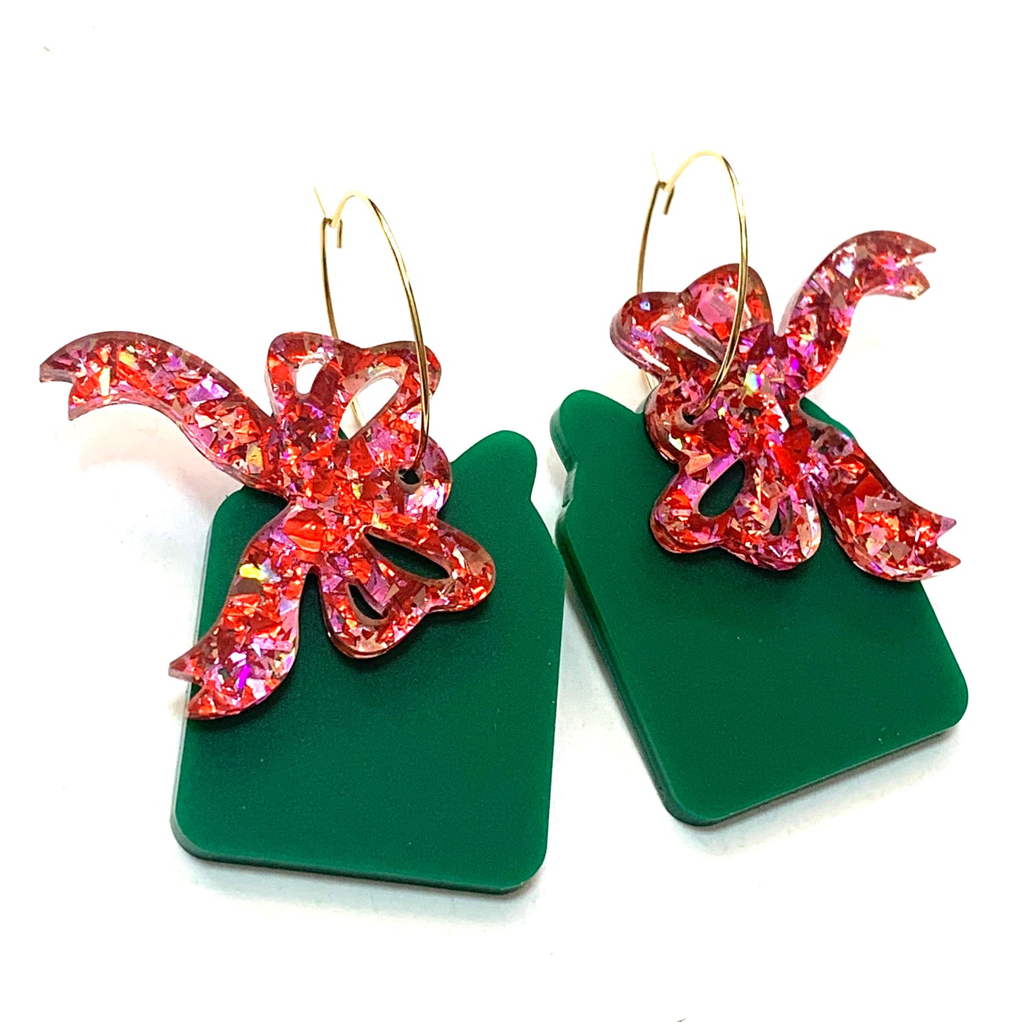 MAKIN' WHOOPEE - Large “Ribbons & Bows” CHRISTMAS HOOP DANGLES- Green & Pinks