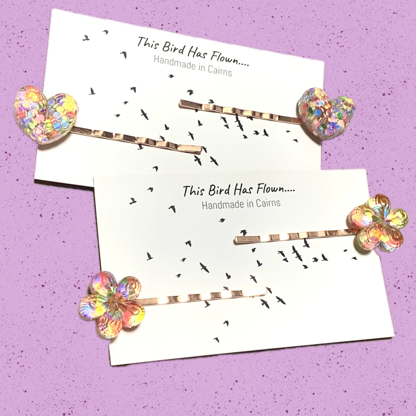 THIS BIRD HAS FLOWN - Rainbow Glitter Hearts Hairclips