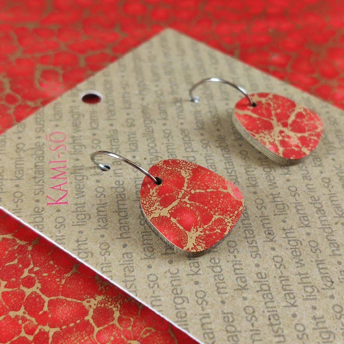 KAMI-SO- Square Recycled Paper Earrings - Red & Gold Crackle: Large Hoop