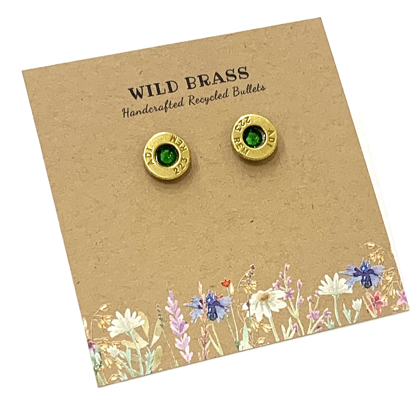WILD BRASS- Small Studs- Dark Green Swarovski Crystal