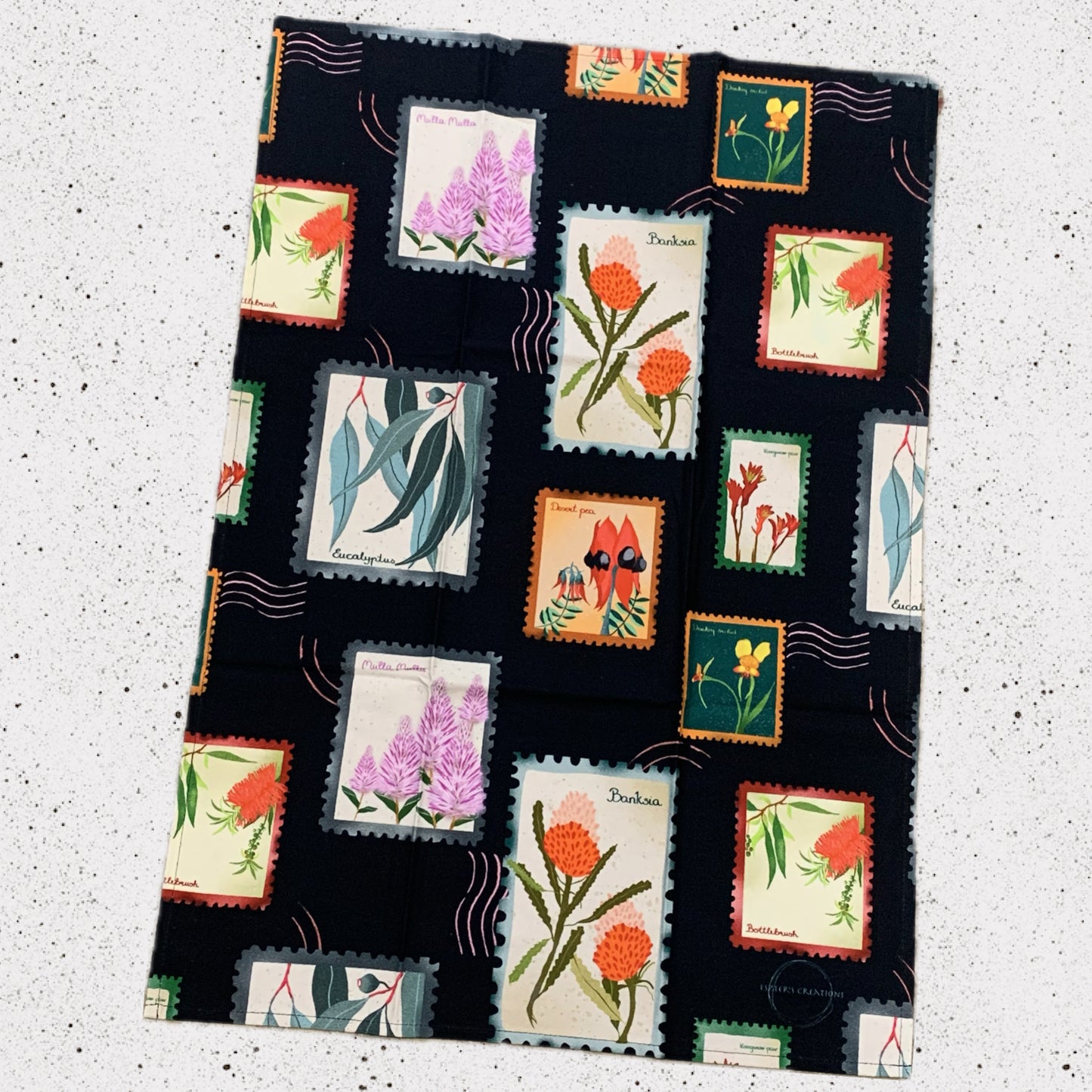 ESZTER'S CREATIONS - "Australian Wildflower Stamp Black"- Tea Towel