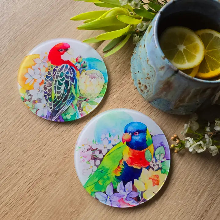 WATERCOLOURS BY CAT- Rainbow Lorikeet- Australian Bird Art Coaster