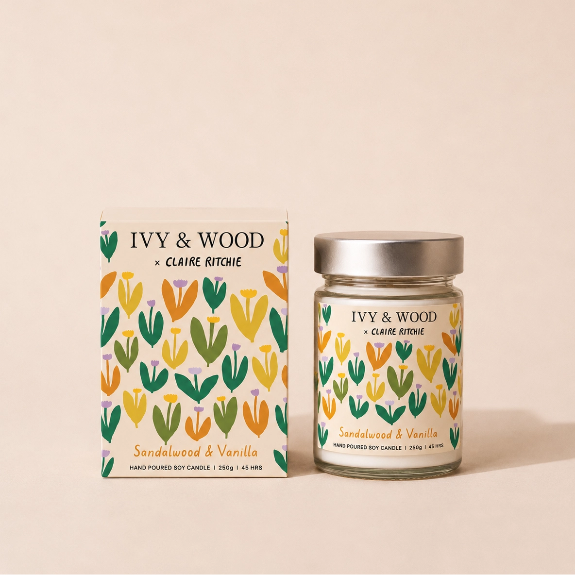 IVY & WOOD - Sandalwood & Vanilla Soy Candle - Bloom X Claire Ritche Limited Edition