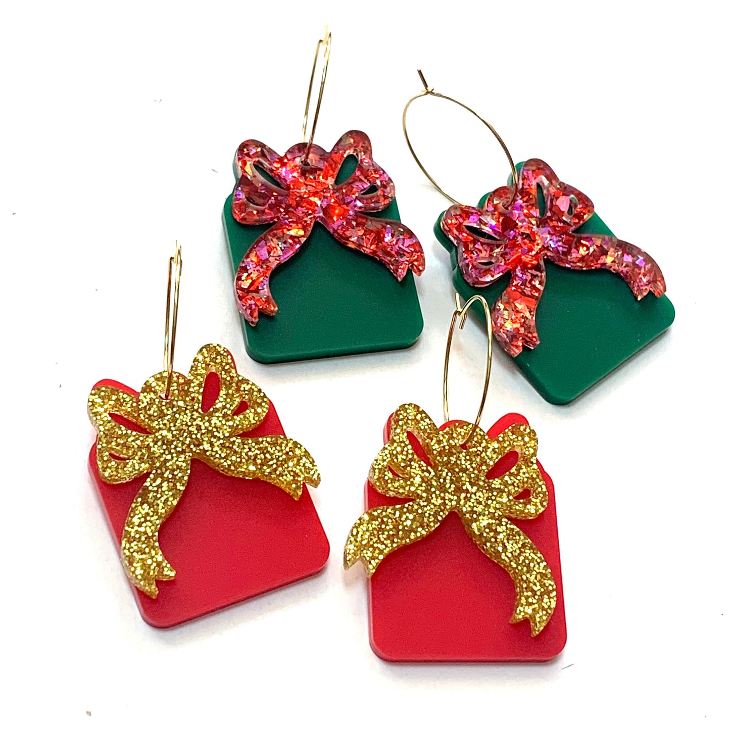 MAKIN' WHOOPEE - Large “Ribbons & Bows” CHRISTMAS HOOP DANGLES- Green & Pinks