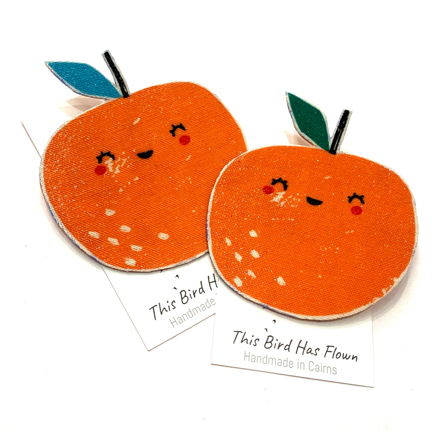 THIS BIRD HAS FLOWN- "Orange with Light Leaf" Cute Fruits- Fabric Remnant Brooches
