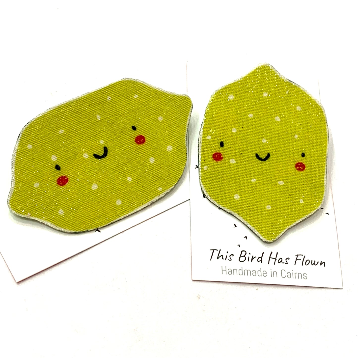 THIS BIRD HAS FLOWN - "Sideways Lemons" Cute Fruits- Fabric Remnant Brooches
