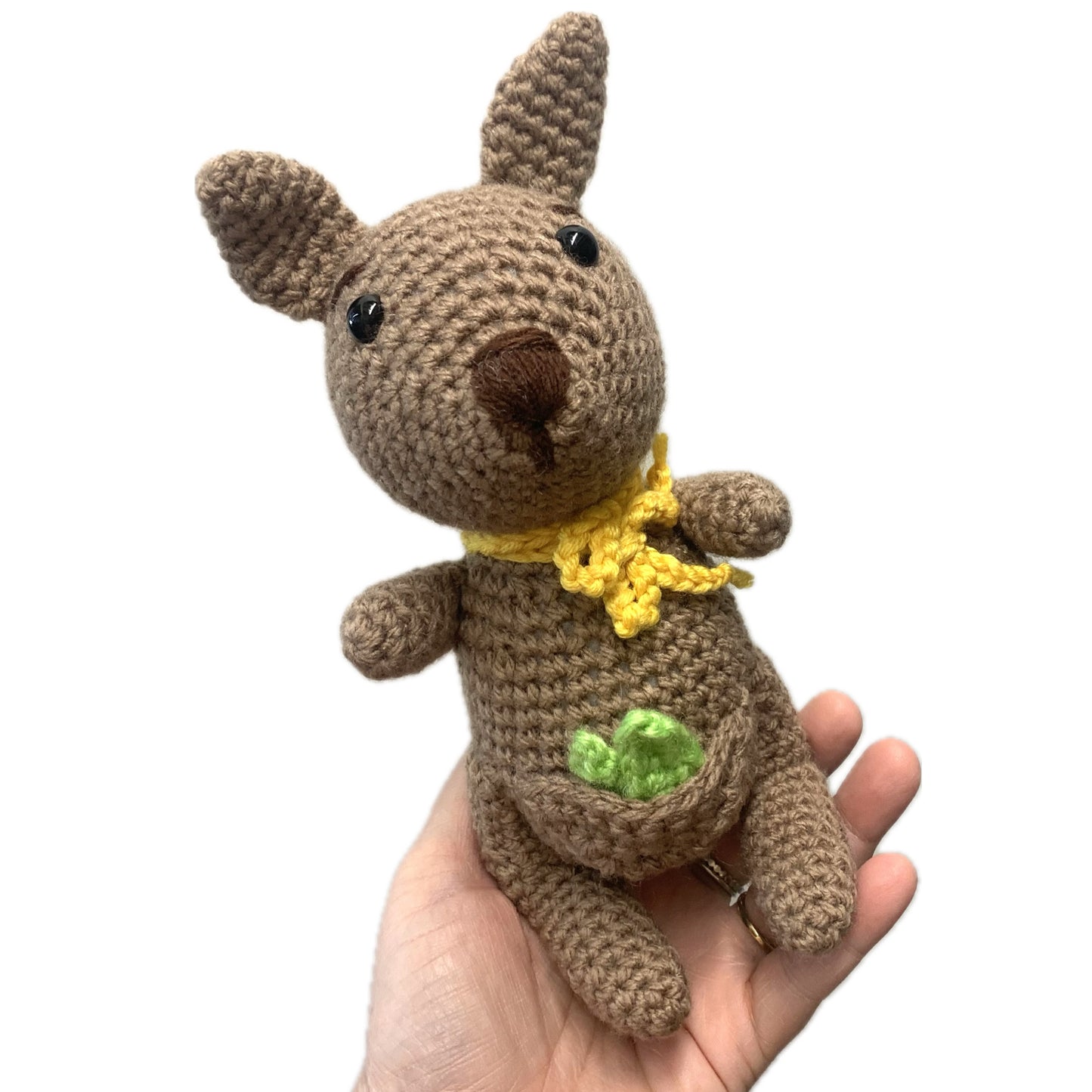 BEAKNITS- Crochet Kangaroo- Yellow Bow with Gum Leaf
