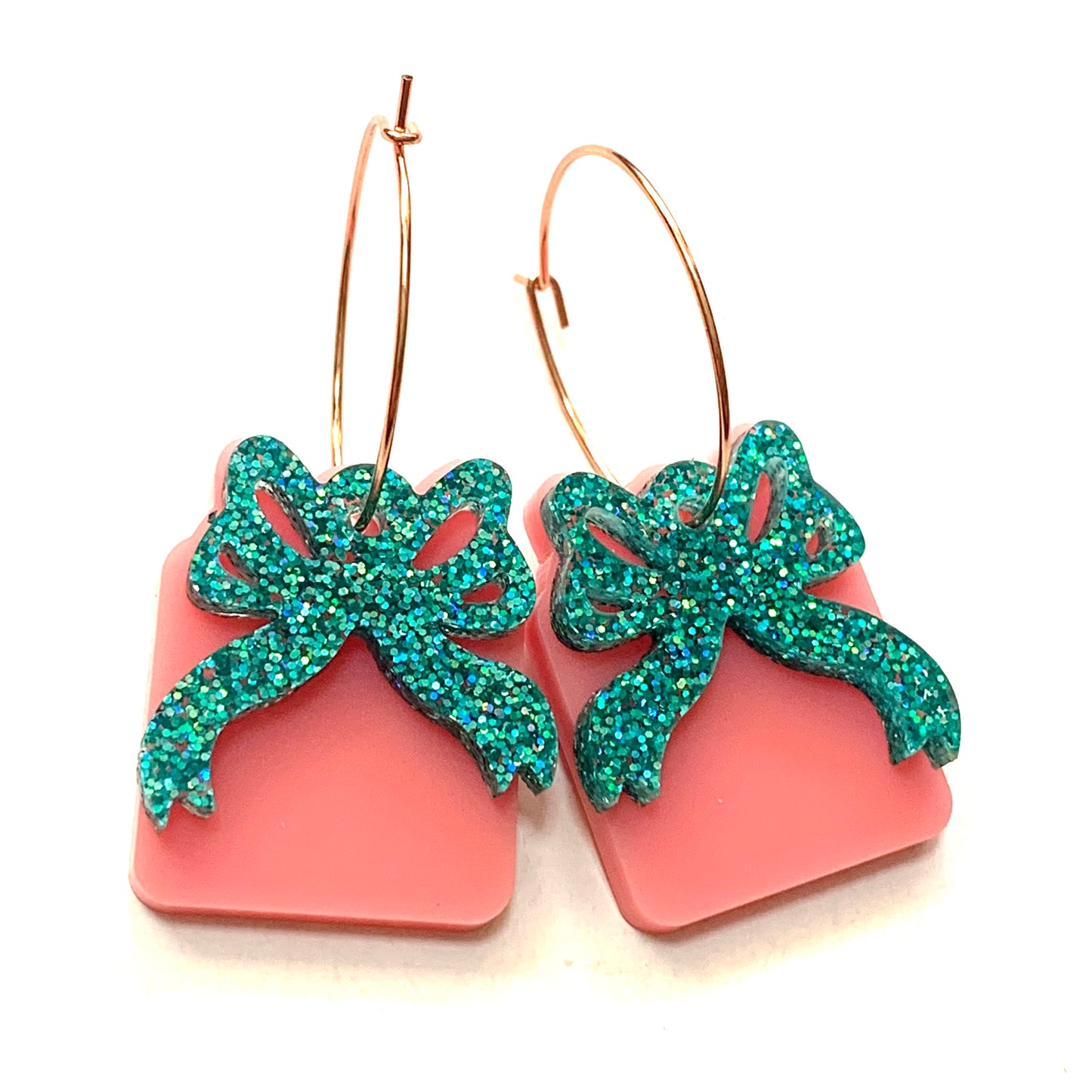 MAKIN' WHOOPEE - Small “Ribbons & Bows” CHRISTMAS HOOP DANGLES- Pink & Aqua