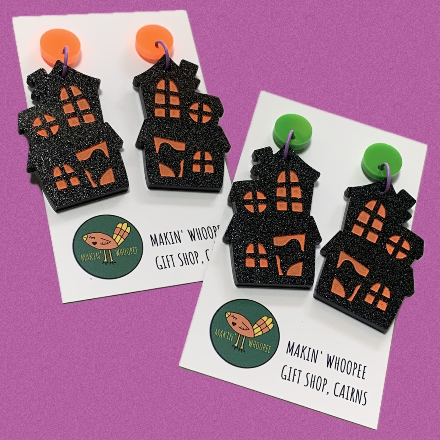 MAKIN' WHOOPEE - "HAUNTED HOUSE" Stud Dangle Halloween Earrings- Green Studs