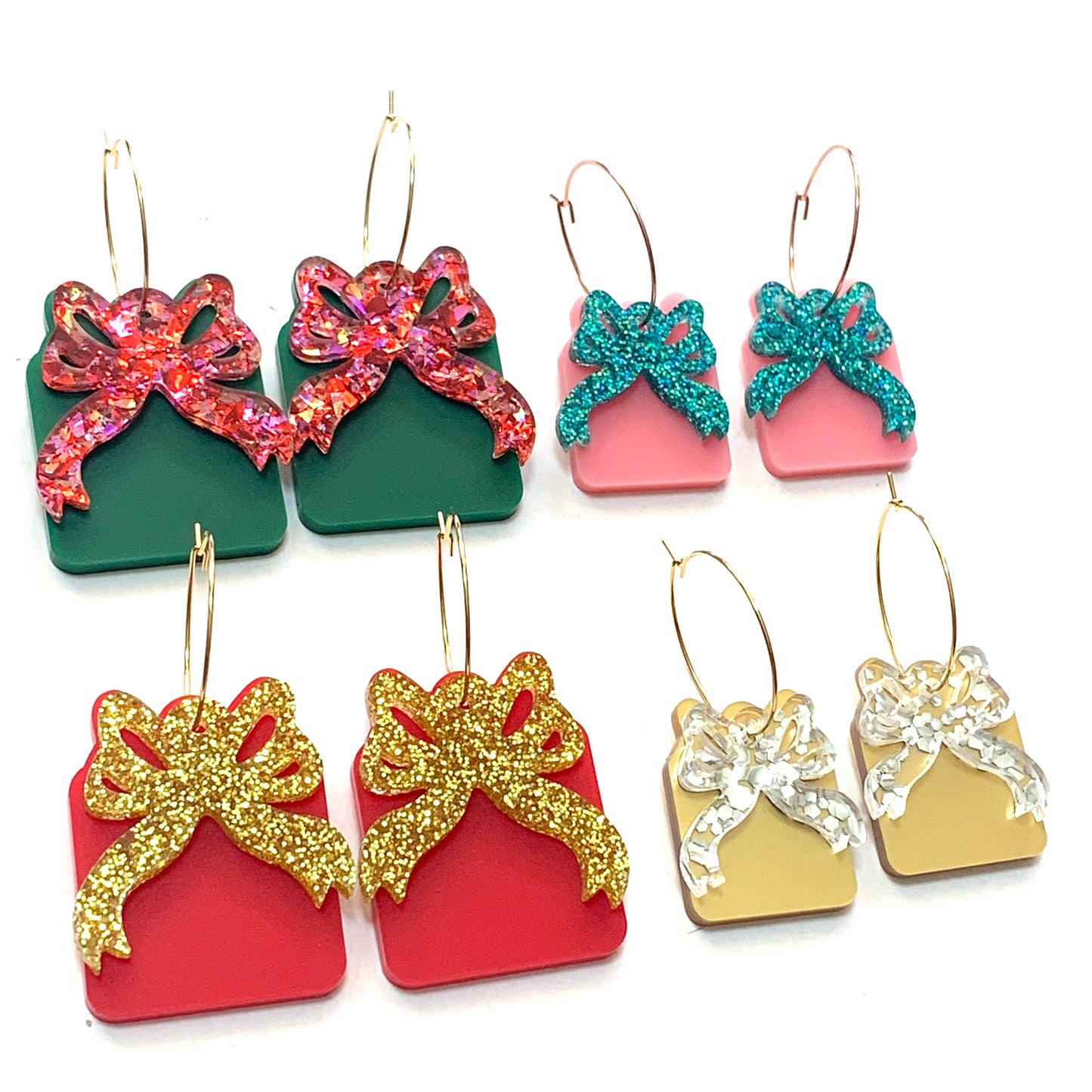 MAKIN' WHOOPEE - Large “Ribbons & Bows” CHRISTMAS HOOP DANGLES- Green & Pinks
