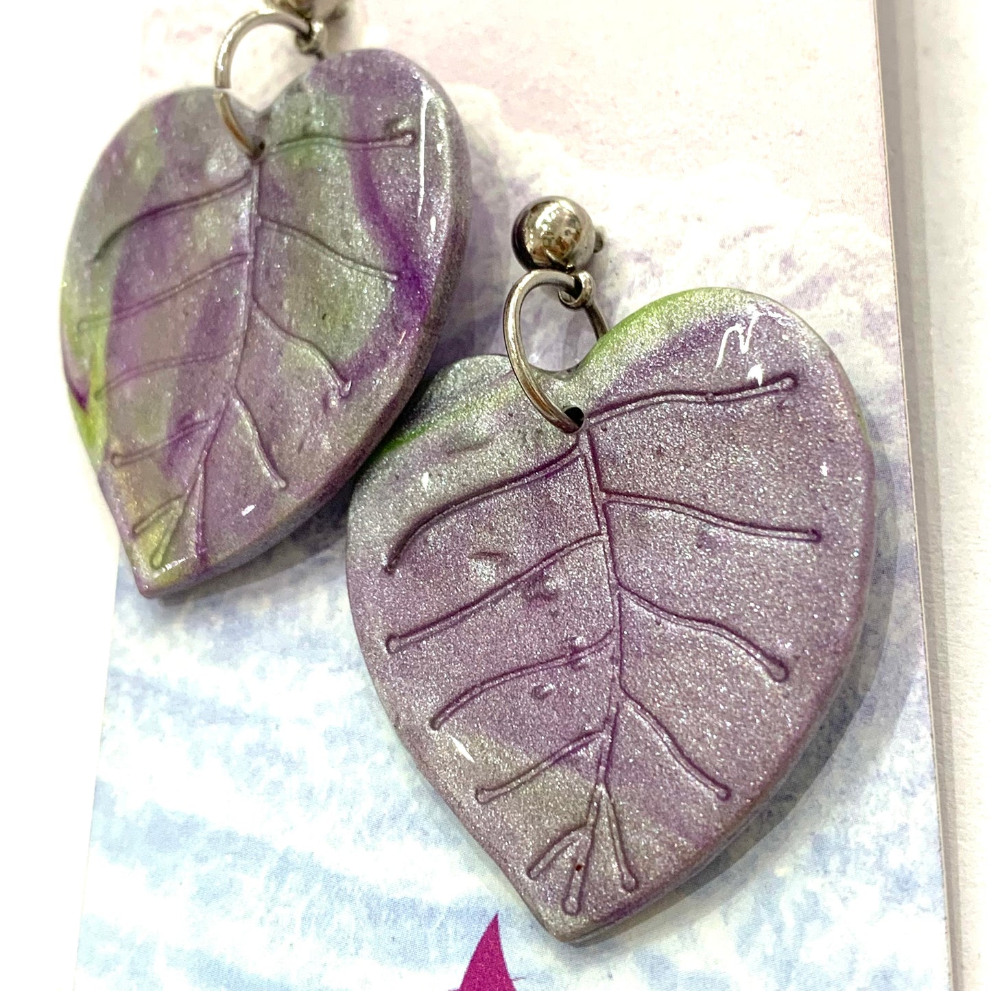 Sailvie Creations - Purple/Silver Leaf Ball Stud Dangle Earrings