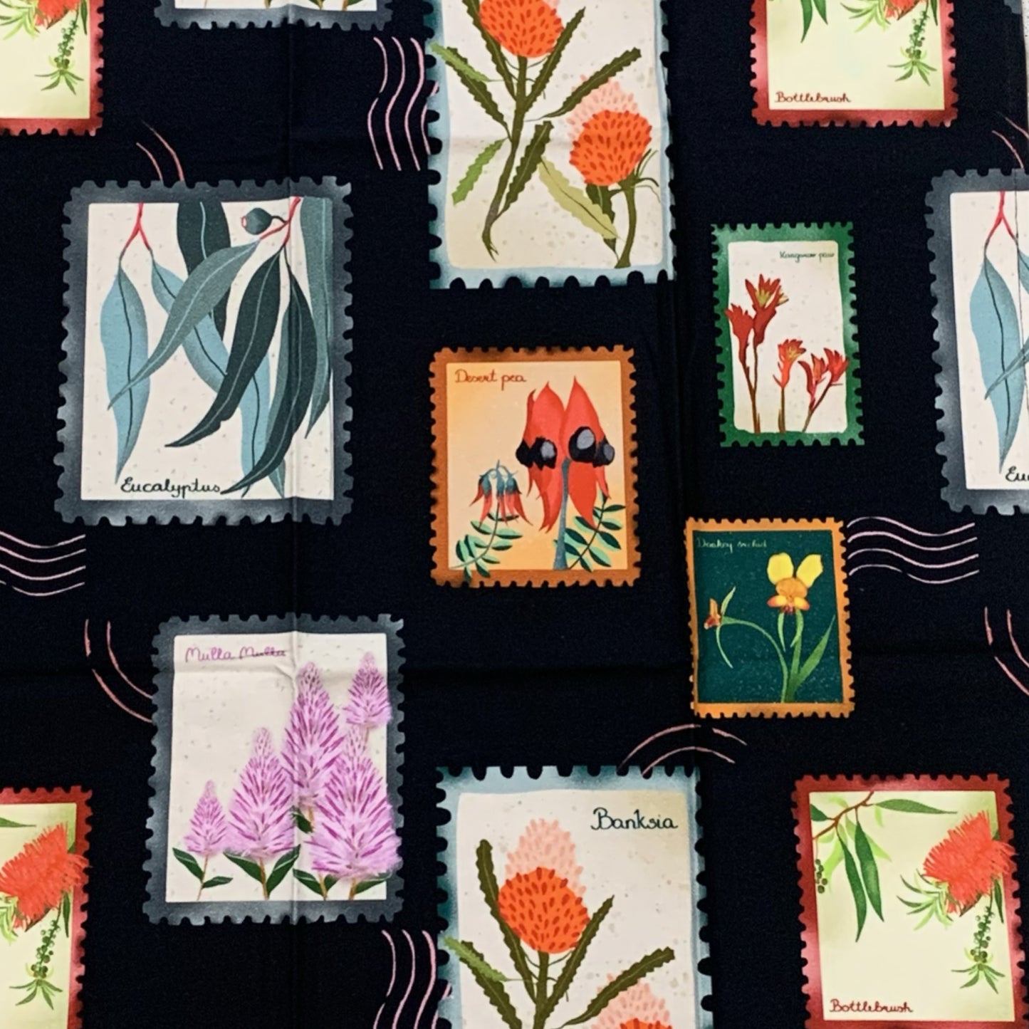 ESZTER'S CREATIONS - "Australian Wildflower Stamp Black"- Tea Towel