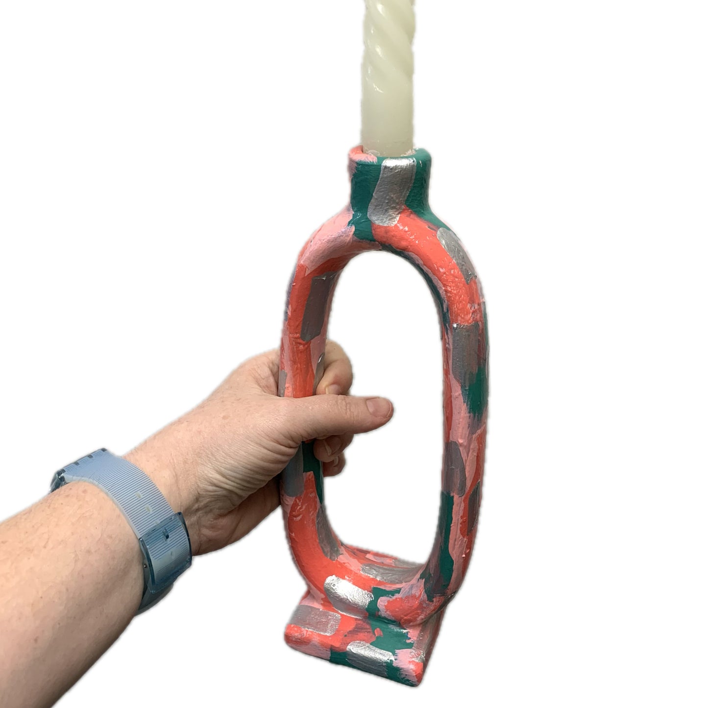 THIS BIRD HAS FLOWN - Tall Candle Holder- Peach, Green & Silver Abstract- Candle Included