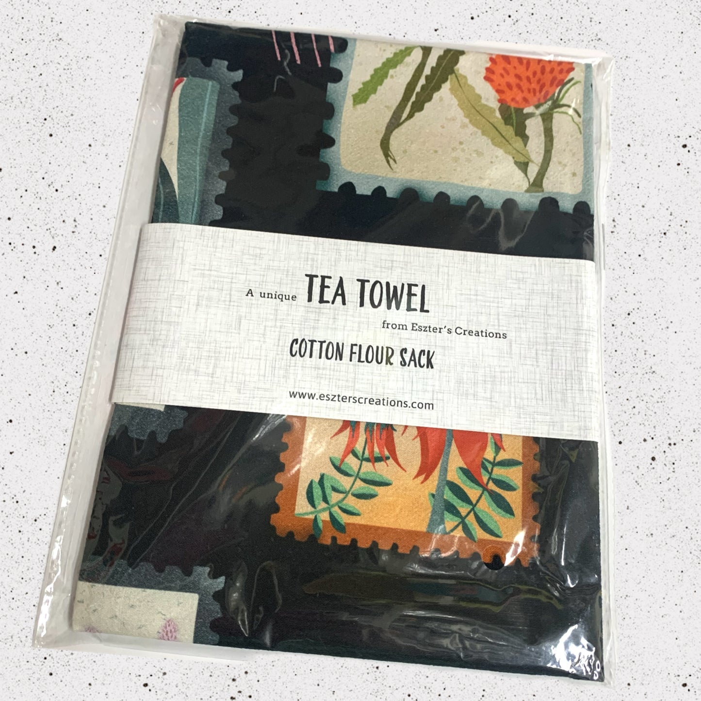 ESZTER'S CREATIONS - "Australian Wildflower Stamp Black"- Tea Towel