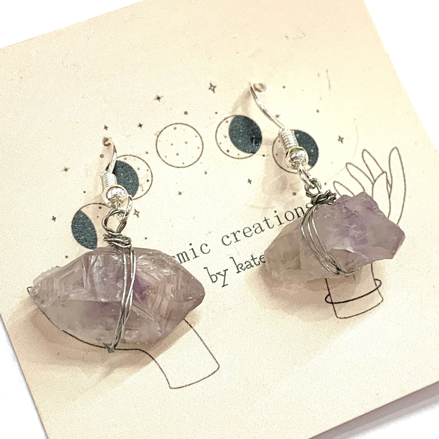 Cosmic Creations - Wrapped Crystal Dangle Earrings- Amethyst with Silver