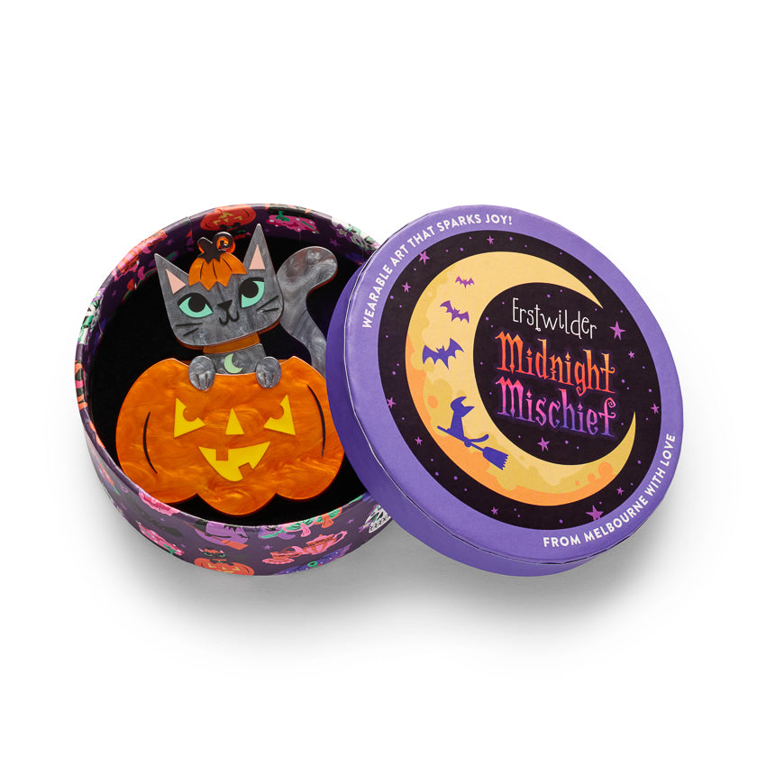 ERSTWILDER - "Cat O'Lantern" Brooch - Midnight Mischief