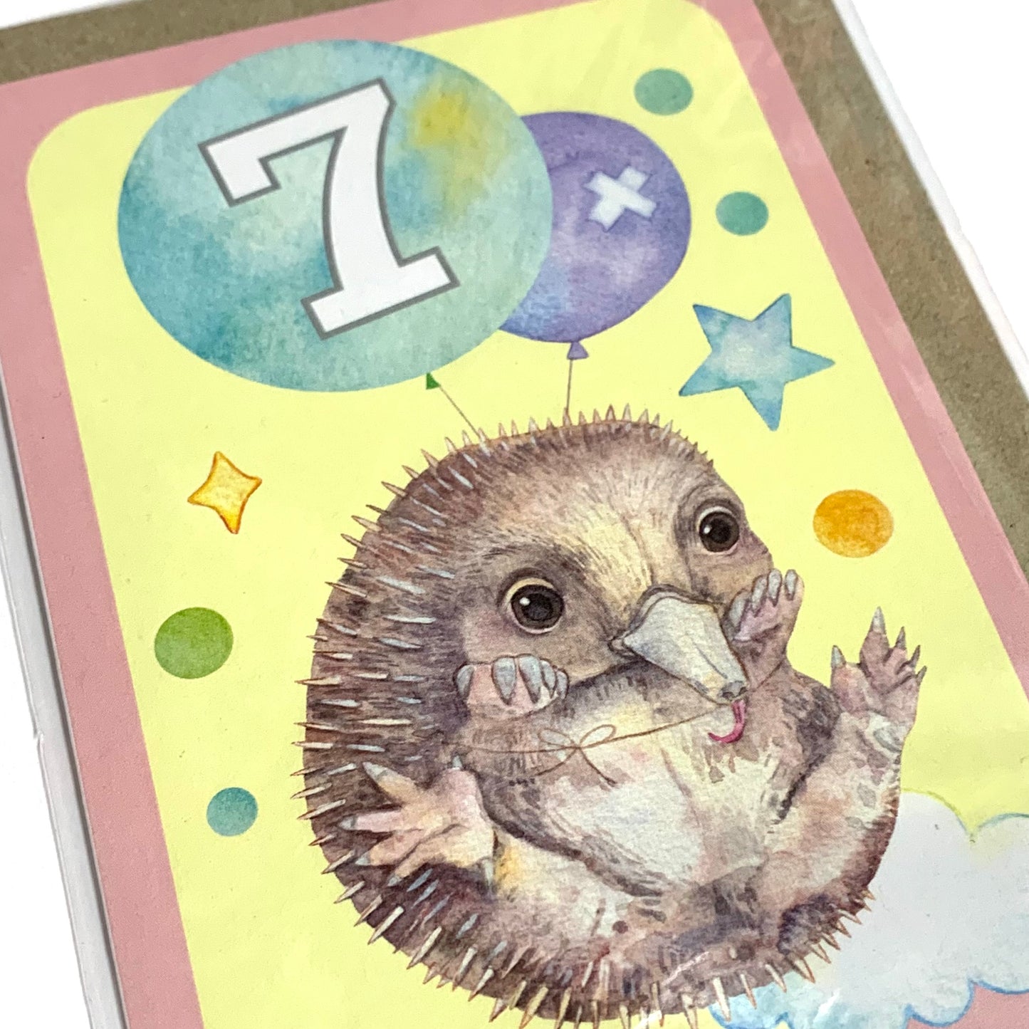 WATERCOLOURS BY CAT- "Seven - Echidna"- Australian Animal Kids Age Card
