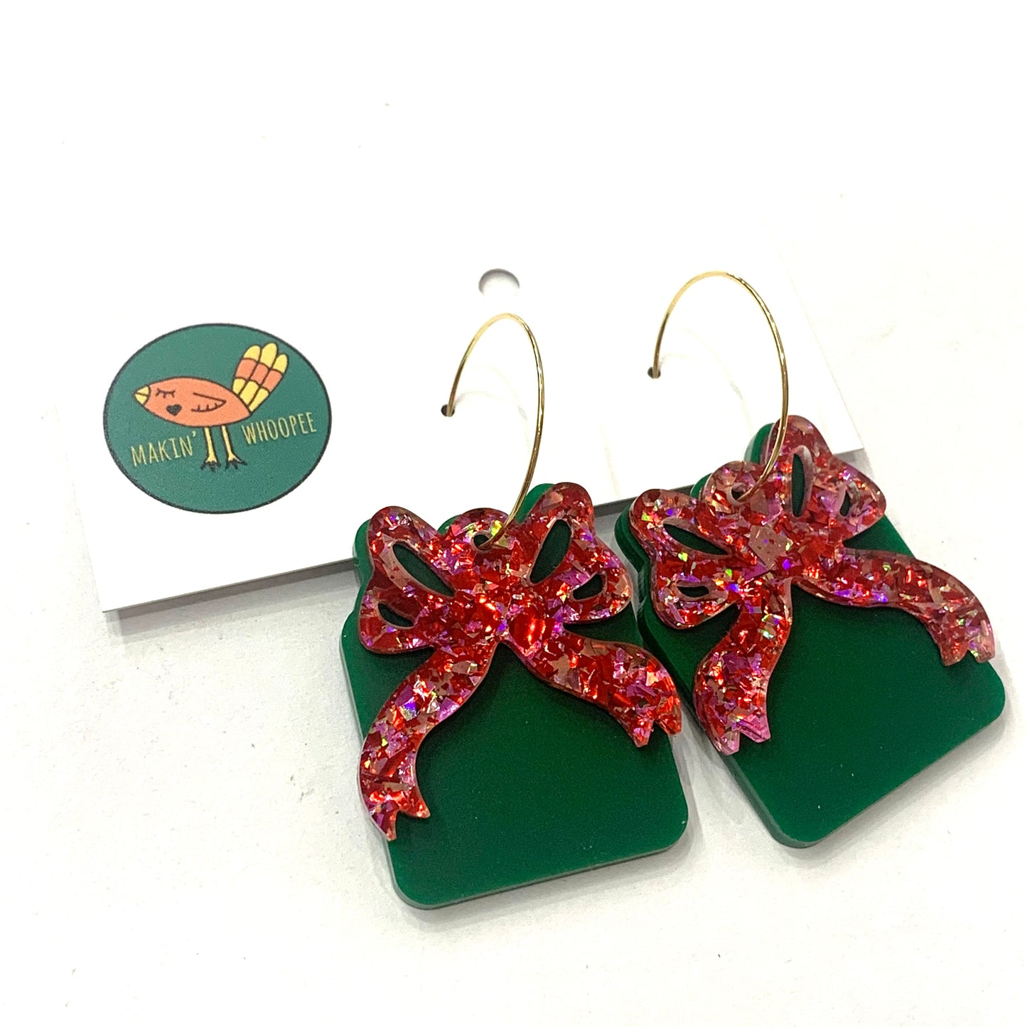 MAKIN' WHOOPEE - Large “Ribbons & Bows” CHRISTMAS HOOP DANGLES- Green & Pinks
