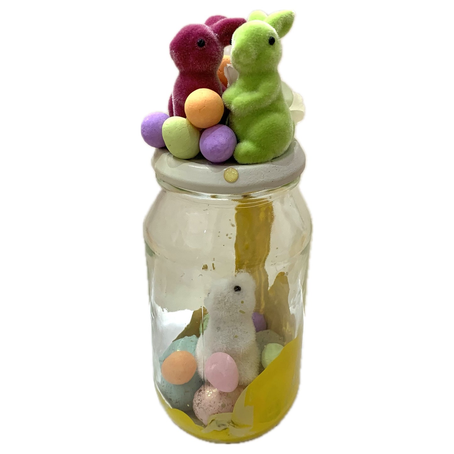 THIS BIRD HAS FLOWN- Bunny Bottle Easter Decoration- white Lid & Yellow Paint