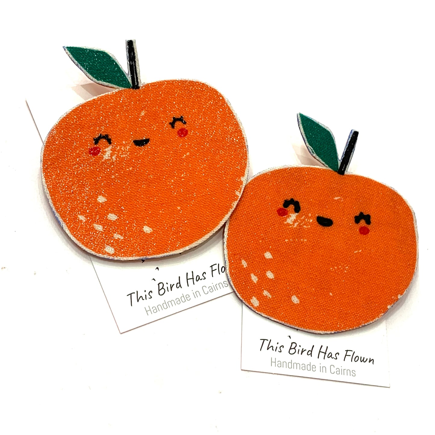 THIS BIRD HAS FLOWN- "Orange with Dark Leaf" Cute Fruits- Fabric Remnant Brooches