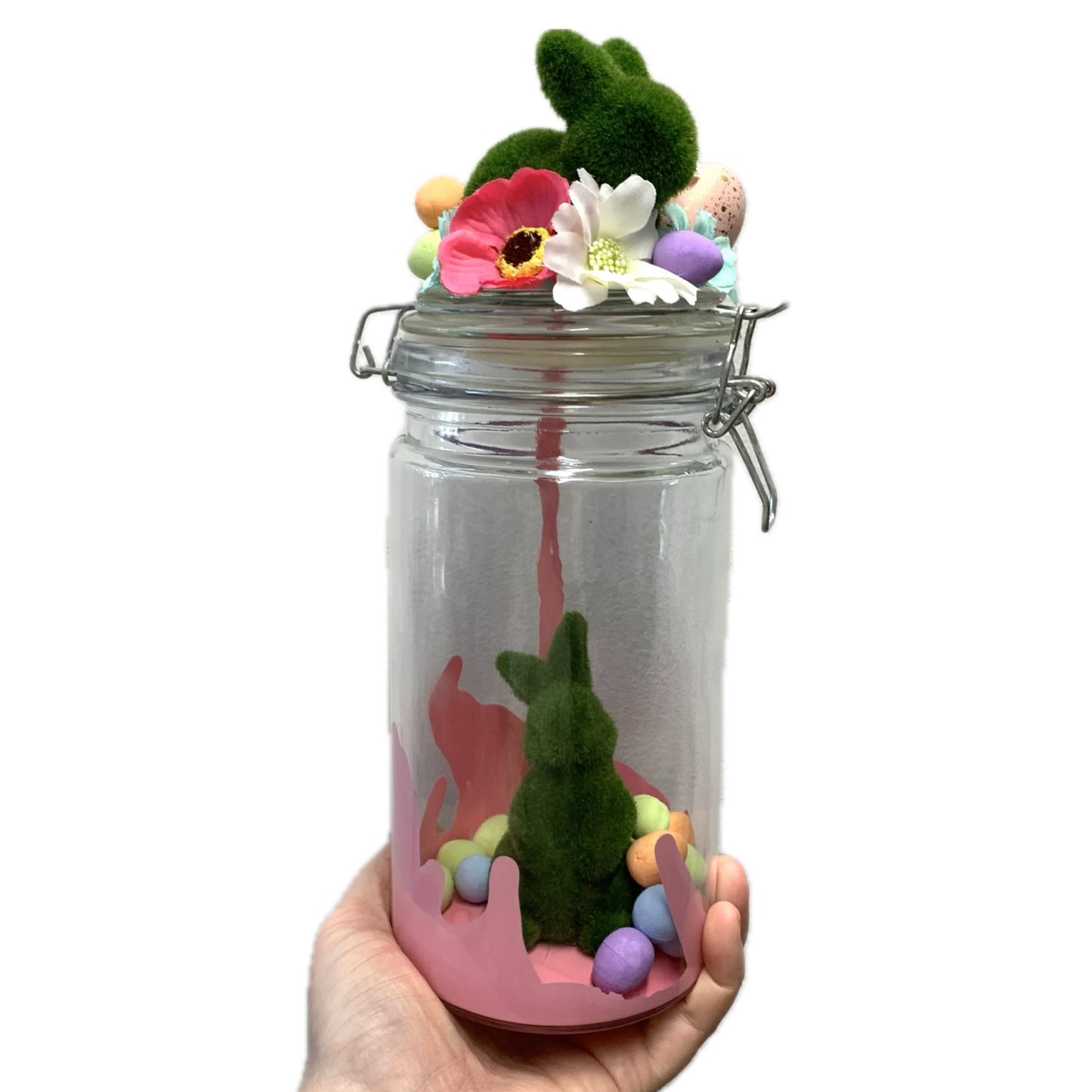 THIS BIRD HAS FLOWN- Bunny Bottle Easter Decoration- Extra Large, Green Bunnies & Pink Paint