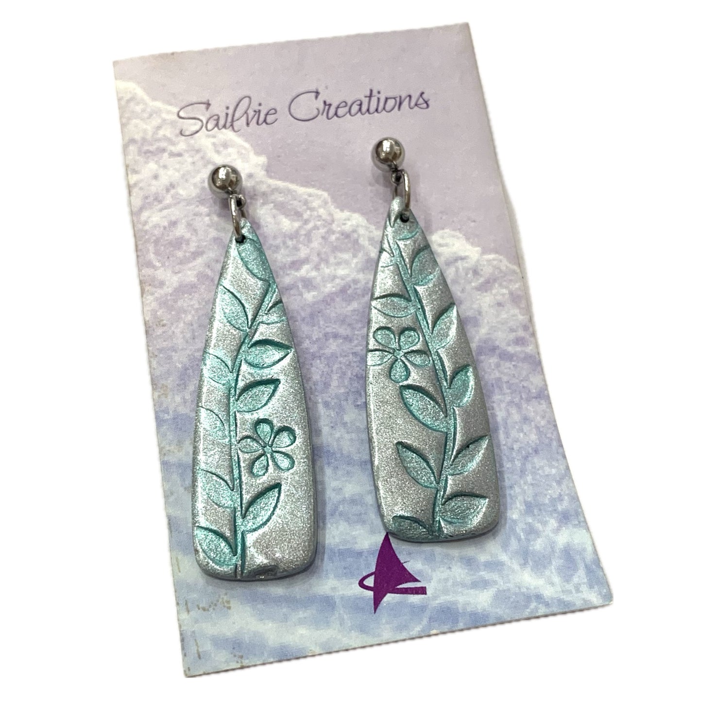 Sailvie Creations - Printed Silver & Blue Wedge Ball Stud Dangle Earrings