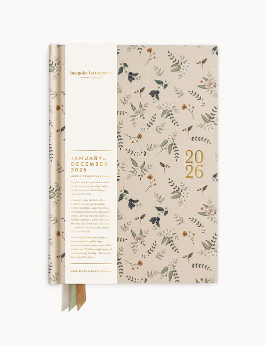 BESPOKE LETTERPRESS - 2026 Desktop Linen Bound Planner - Button Fern