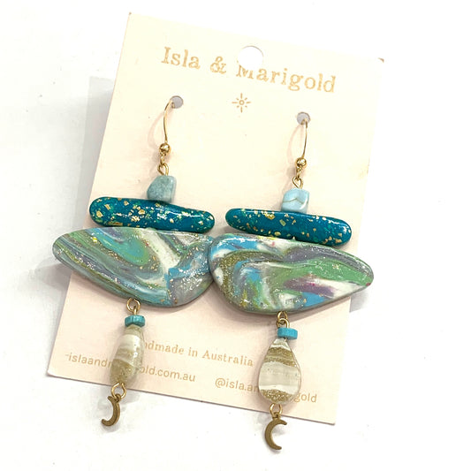 Isla & Marigold- Polymer Clay Earrings- Blue Green Shard