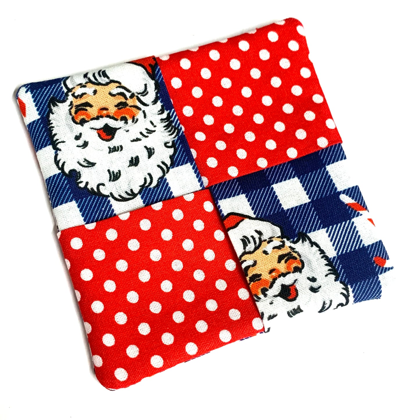 MUMMA WHOOPEE- SINGLE CHRISTMAS WINE GLASS SLIPPER/COASTERS- Blue Check Santa & Spots