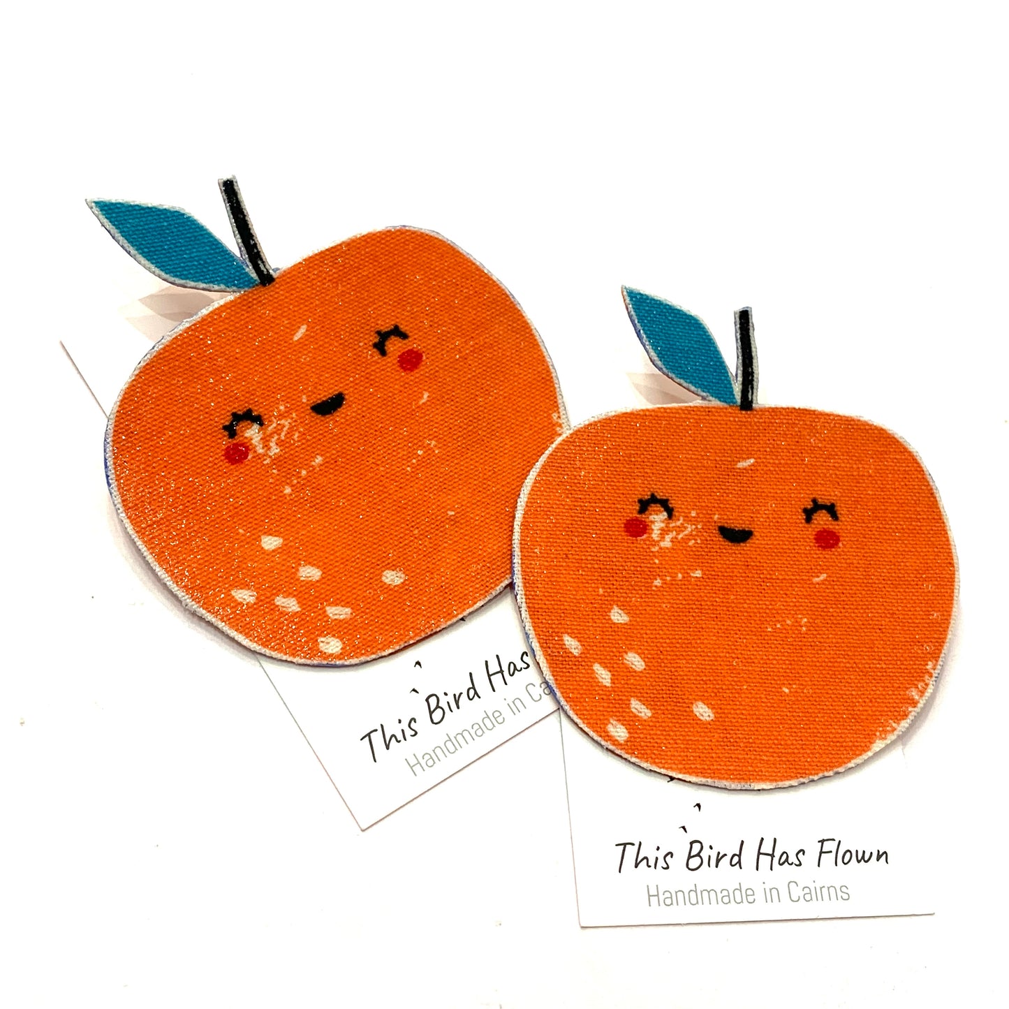 THIS BIRD HAS FLOWN- "Orange with Light Leaf" Cute Fruits- Fabric Remnant Brooches