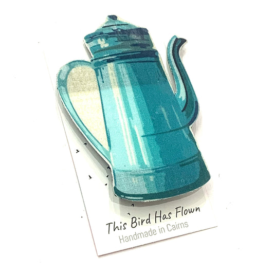 THIS BIRD HAS FLOWN- Fabric Remnant Brooches- Retro Blue Coffee Perculator