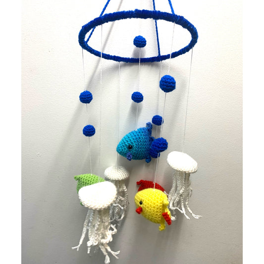 BEAKNITS- CROCHETED UNDER THE SEA MOBILE- Dark Blue Ring & Bubbles, Red, Blue, Green & Yellow Fish