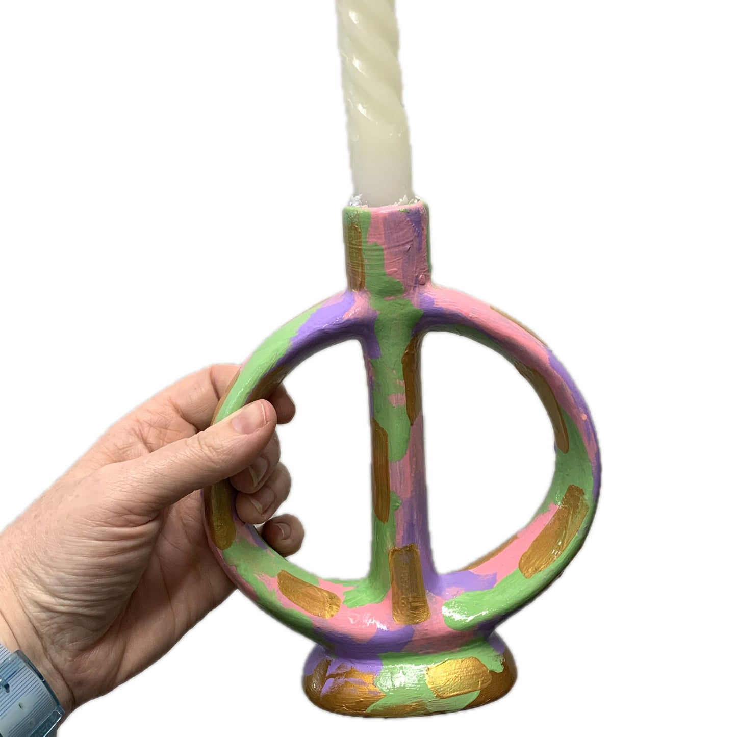 THIS BIRD HAS FLOWN - Intersected Candle Holder- Pink, Green, Lavender & Gold Abstract- Candle Included
