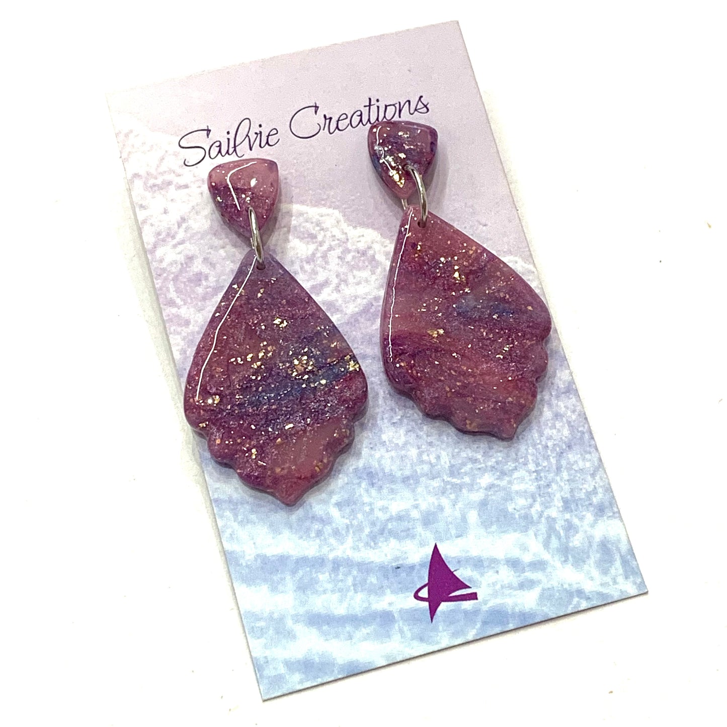 Sailvie Creations - Short Scalloped Purple Swirl Stud Dangle Earrings