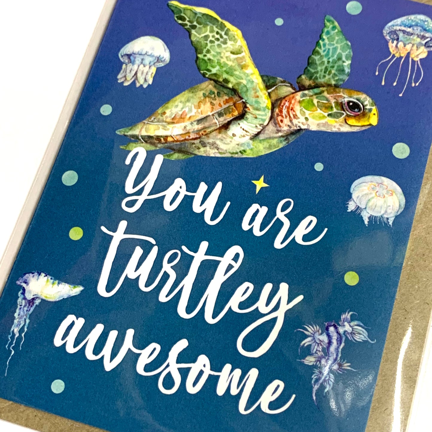 WATERCOLOURS BY CAT- Turtley Awesome Greeting Card- Turtle & Jellyfish