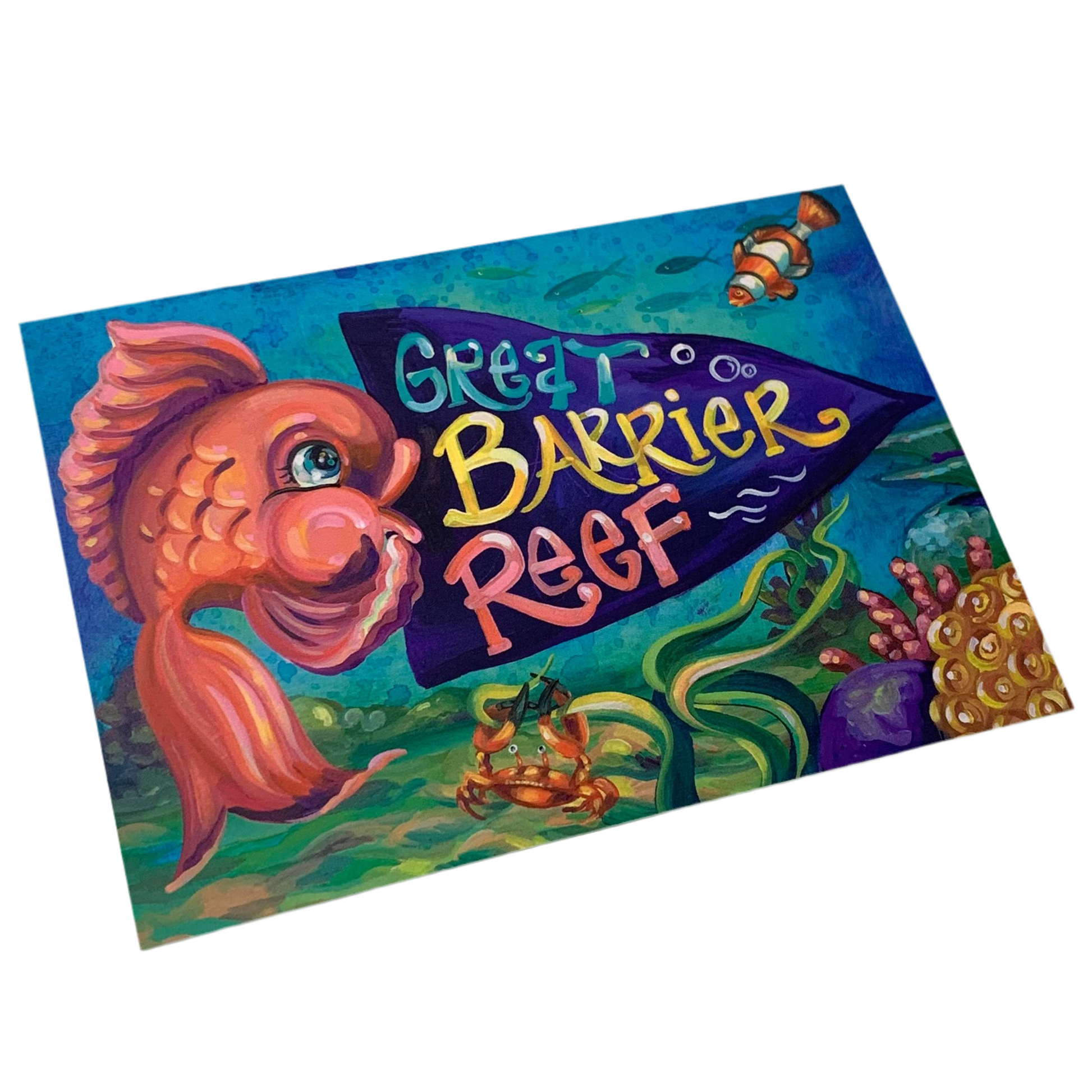A colorful postcard featuring an artistic depiction of fish and coral with the text 'GREAT BARRIER REEF' prominently displayed. The postcard is designed by artist Hayley Gillespie.