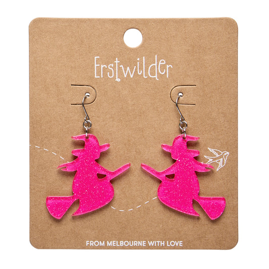 ERSTWILDER - Flying Witch Drop Earrings: Pink - HAUNTED AT HEART- HALLOWEEN COLLECTION
