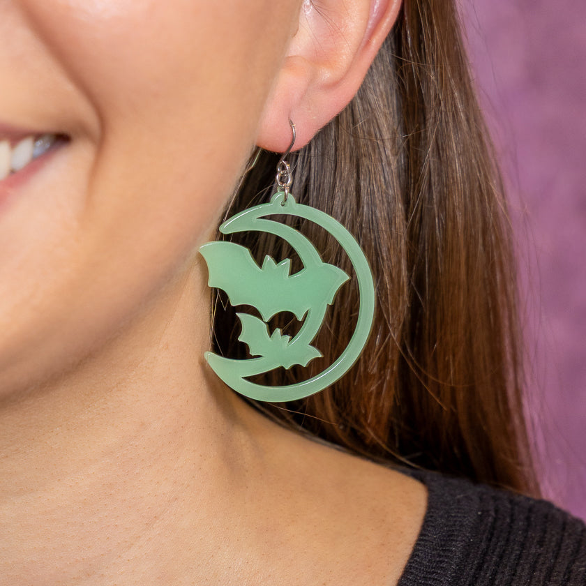 ERSTWILDER - Moon & Bats Drop Earrings - Glow in the Dark - Midnight Mischief