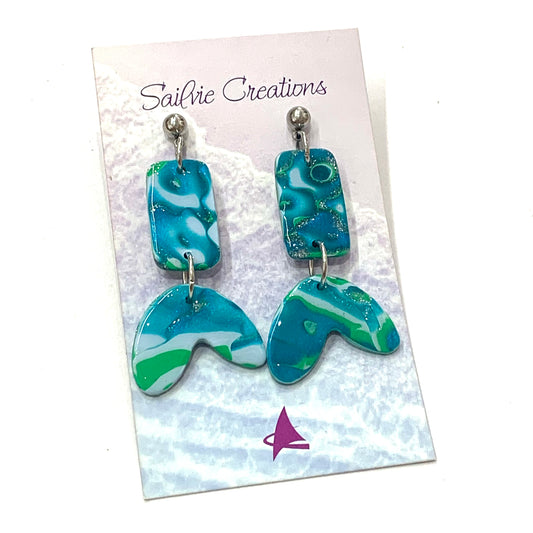 Sailvie Creations - Ocean Double Rectangle & Tail Ball Post Dangle Earrings