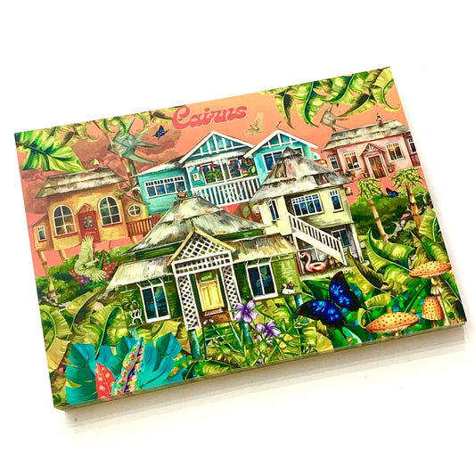 A postcard featuring an artistic depiction of Queenslanders style houses in Cairns with a colorful and tropical backdrop.