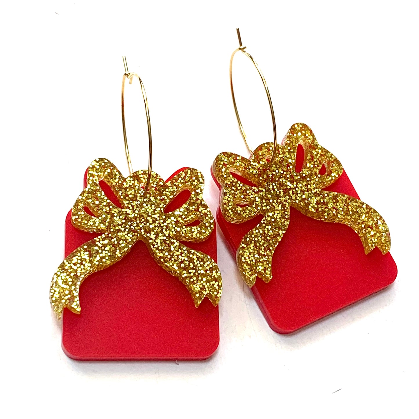 MAKIN' WHOOPEE - Large “Ribbons & Bows” CHRISTMAS HOOP DANGLES- Red & Gold