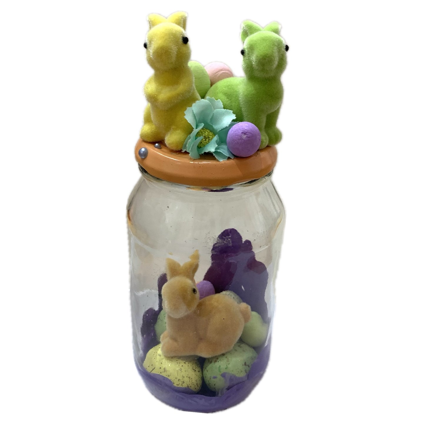 THIS BIRD HAS FLOWN- Bunny Bottle Easter Decoration- Orange Lid & Lavender Paint