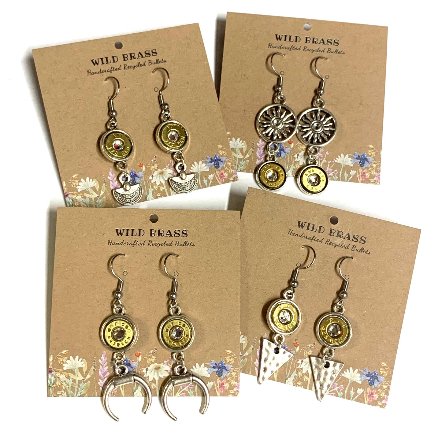 WILD BRASS- Charm Drops- Folded Discs with Clear Swarovski Crystals